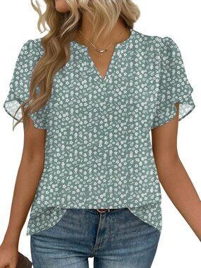 Women's Dressy Shirts Short Sleeve V Neck Work Blouse Chiffon Top Green Floral